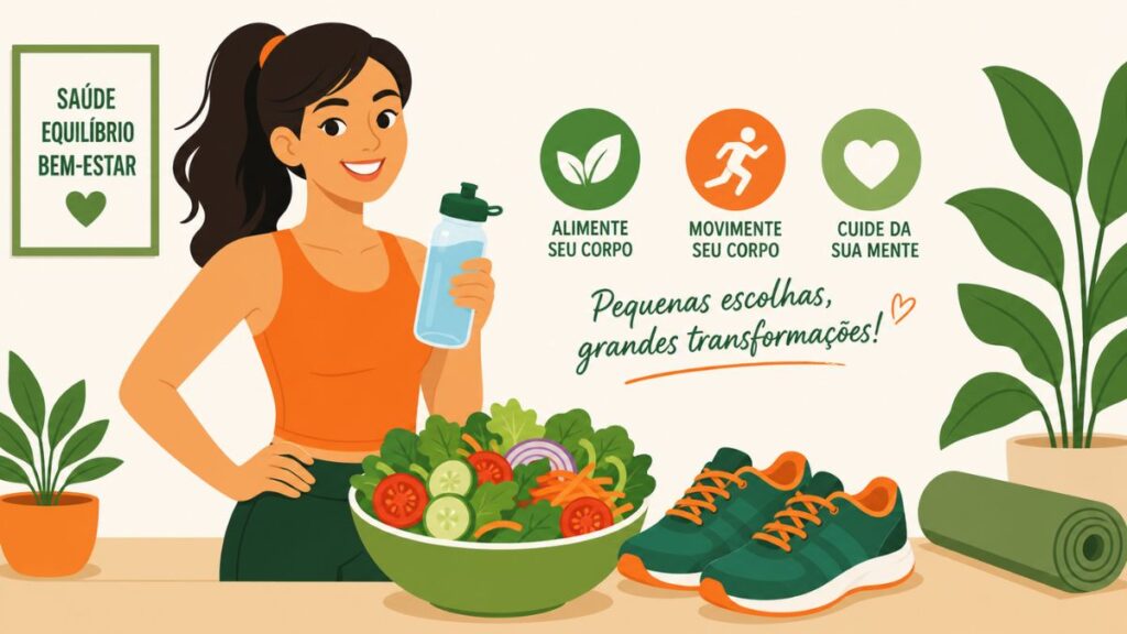 Ilustração vetorial de uma mulher sorridente segurando uma garrafa de água ao lado de uma tigela de salada, tênis de corrida e tapete de yoga, representando práticas saudáveis para perder peso.