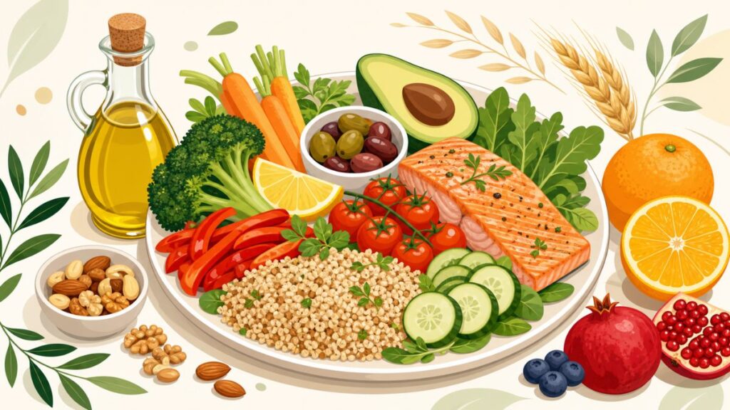 Alimentação saudável e qualidade de vida: prato colorido com vegetais, frutas, grãos integrais e peixe, representando o caminho que a ciência mais recomenda para ter energia e bem-estar.