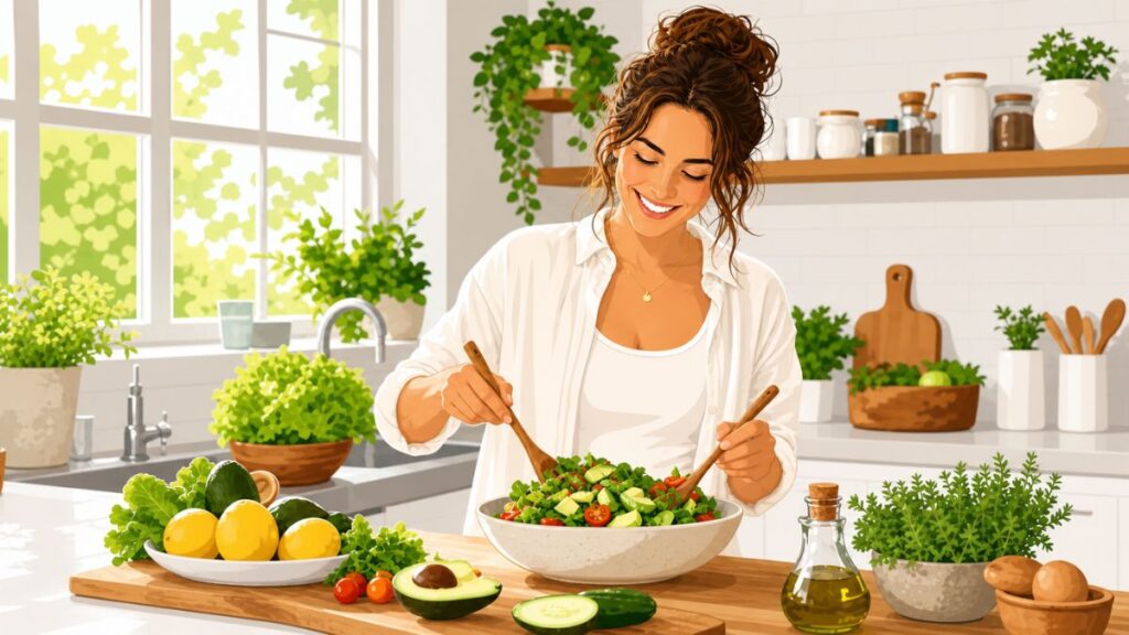 Ilustração vetorial de uma mulher sorridente preparando uma salada colorida em uma cozinha iluminada, representando o emagrecimento saudável e sem culpa.