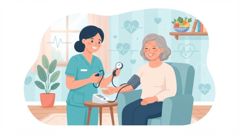 Hipertensão arterial: enfermeira medindo a pressão arterial de uma mulher sorridente em casa, ilustração vetorial em tons de verde-azulado e azul