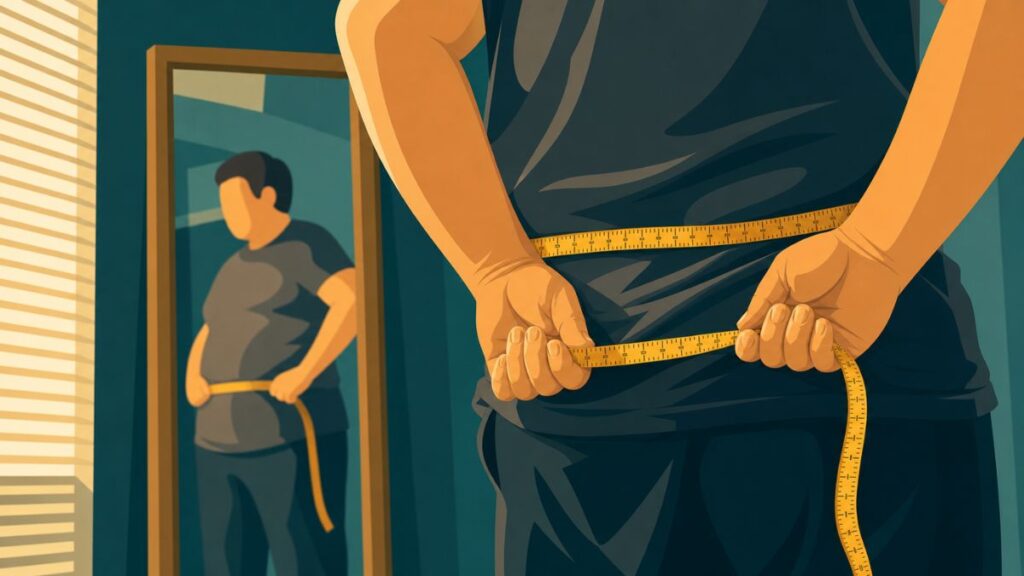 Obesidade: ilustração vetorial de mãos segurando uma fita métrica na cintura, com reflexo no espelho ao fundo, transmitindo reflexão e recomeço.