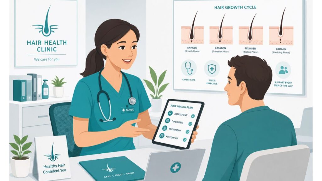 Ilustração vetorial de uma enfermeira em ambiente clínico moderno, com estetoscópio e infográfico sobre o ciclo de crescimento do cabelo ao fundo, representando o cuidado profissional com a saúde capilar.