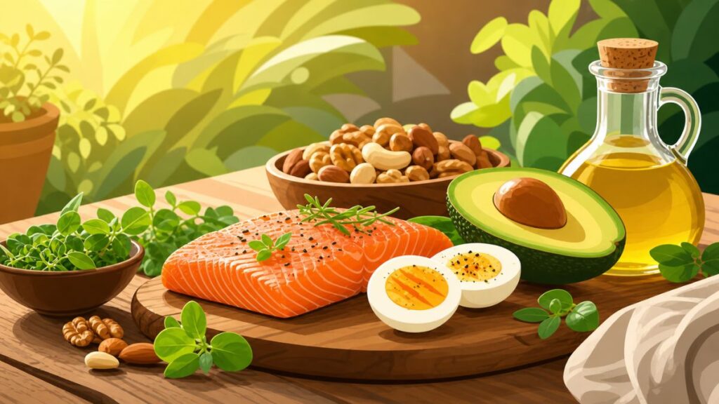 lustração em vetor de alimentos ricos em vitamina D como salmão, ovo e abacate sobre uma mesa de madeira iluminada pelo sol.