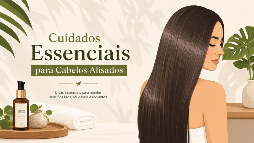 Ilustração vetorial de uma mulher com cabelos alisados, longos e brilhantes em um ambiente sereno com elementos botânicos.