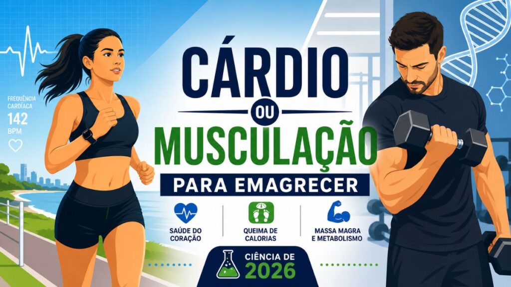 Ilustração vetorial dividida ao meio mostrando uma mulher correndo ao ar livre e um homem levantando pesos na academia. No centro, o texto 'Cárdio ou Musculação para Emagrecer' com selo 'Ciência de 2026'.