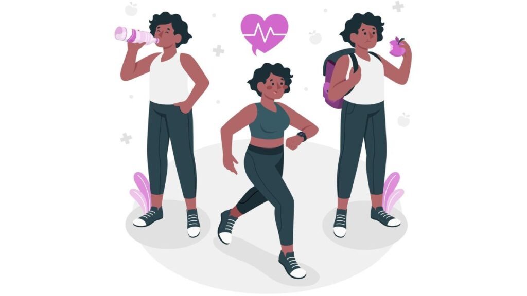 Como emagrecer rápido com saúde — ilustração com três versões da mesma mulher negra correndo, bebendo água e comendo uma maçã, representando exercício, hidratação e alimentação saudável