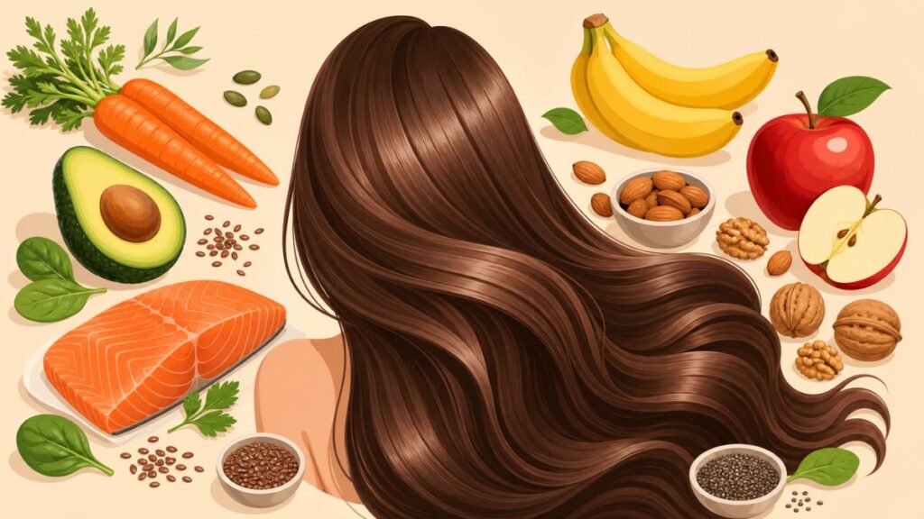 Ilustração vetorial de nutrição capilar com cabelos saudáveis e brilhantes ao centro e alimentos nutritivos ao fundo, como cenoura, abacate, salmão, banana, maçã, castanhas e sementes.