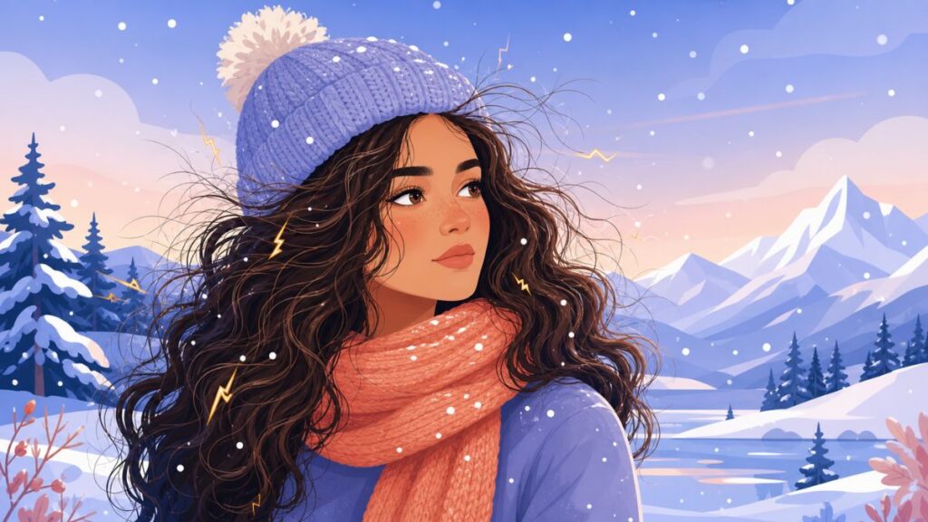 Cuidados com o cabelo no inverno: ilustração vetorial de mulher de gorro e cachecol em paisagem nevada, com fios ao vento e flocos de neve