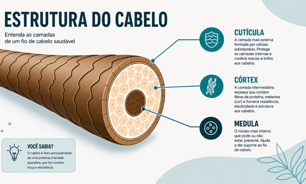 lustração técnica e didática da estrutura de um fio de cabelo humano em corte transversal, destacando e identificando em português as três camadas principais: Cutícula, Córtex e Medula. Estilo vetorial moderno em tons de azul-turquesa e bege.