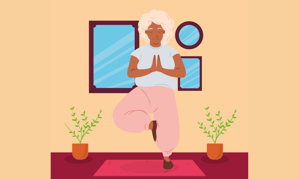 Idosa praticando yoga e meditação em ambiente interno tranquilo Ilustração vetorial de uma mulher idosa com cabelos brancos cacheados praticando yoga (postura da árvore) sobre um tapete rosa. Ela está em um ambiente sereno com plantas e quadros minimalistas ao fundo.