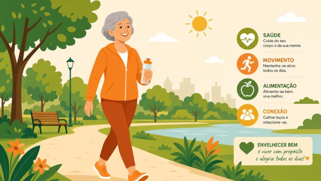 Ilustração vetorial de uma mulher sorridente na terceira idade caminhando em um parque ao ar livre, segurando uma garrafa de água, representando qualidade de vida na terceira idade e envelhecimento ativo.