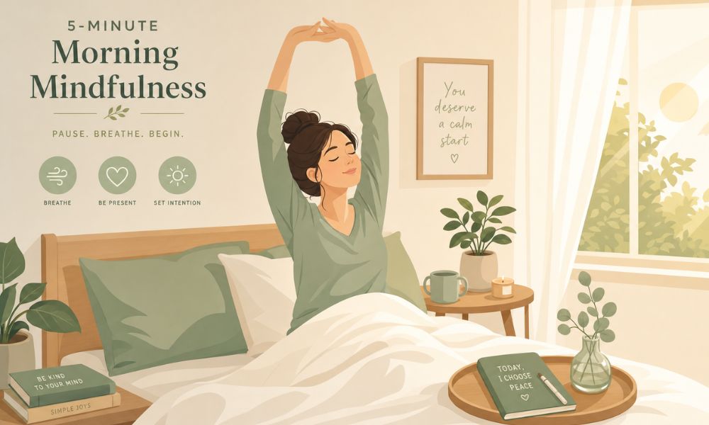 Autocuidado na correria: ilustração vetorial de mulher alongando-se ao acordar, representando os 5 minutos de ritual matinal — Vem Ser Saudável