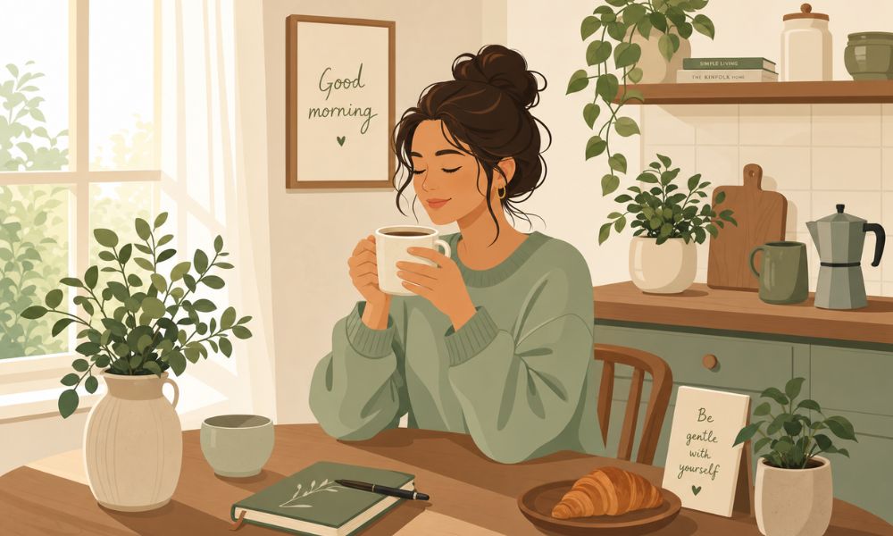 Autocuidado na correria: ilustração vetorial de mulher em momento de paz pela manhã com café, representando equilíbrio entre rotina e bem-estar — Vem Ser Saudável