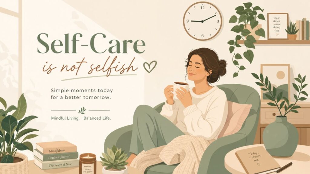 Mulher em momento de paz pela manhã com café, representando o autocuidado na correria e o equilíbrio diário.