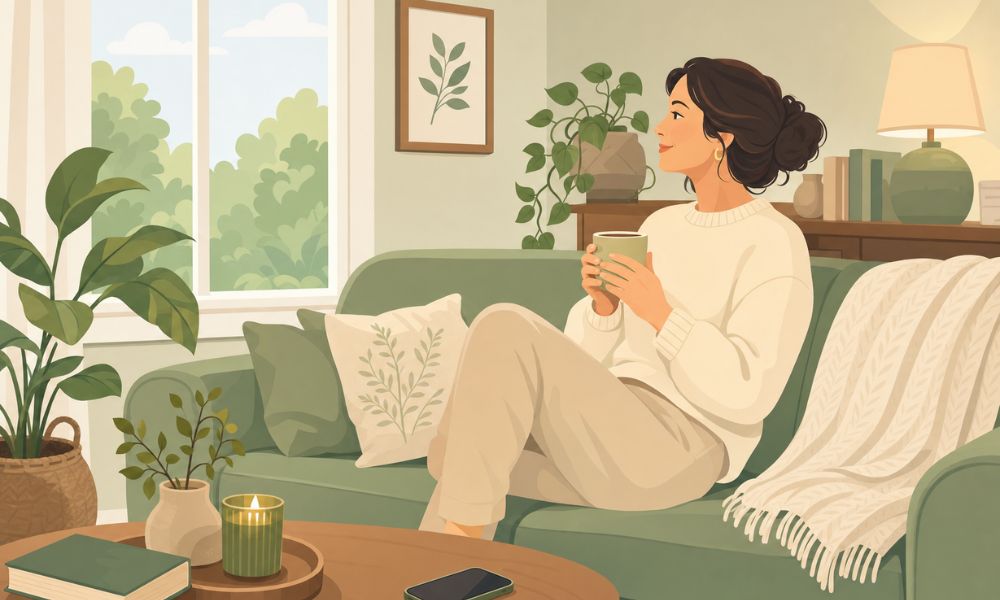 Autocuidado na correria: ilustração vetorial de mulher sentada no sofá com chá, celular deixado de lado, representando a desconexão digital — Vem Ser Saudável