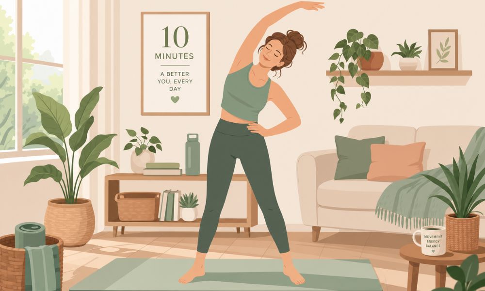 Autocuidado na correria: ilustração vetorial de mulher alongando-se em casa pela manhã, representando 10 minutos de movimento diário — Vem Ser Saudável