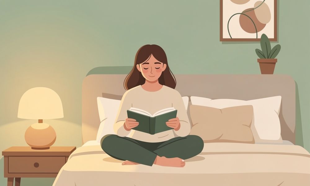 Autocuidado na correria: ilustração vetorial de mulher lendo um livro no quarto à noite, representando a desconexão digital e o ritual de encerramento do dia — Vem Ser Saudável