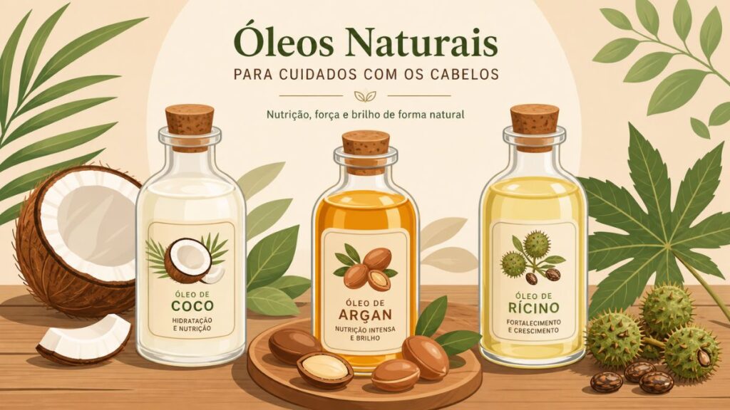 Óleos vegetais para cabelos coco argan e ricino em frascos vidro ilustracao vetorial tons terrosos