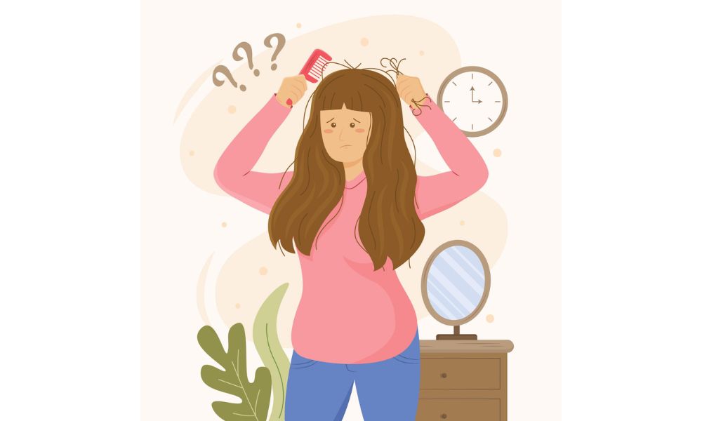 Ilustração vetorial de uma mulher expressando preocupação ao observar queda de cabelo em um pente, com elementos de diagnóstico (pontos de interrogação) e ambiente doméstico, representando o sinal de alerta para a saúde capilar.