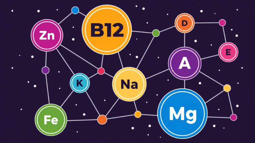 Deficiência de vitamina B12 — infográfico mostrando a vitamina B12 como um dos principais nutrientes em uma rede de conexão com outros minerais e vitaminas como magnésio, zinco, ferro, potássio, sódio, vitaminas A, D e E