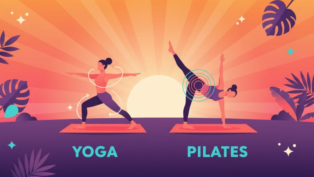 Diferença entre Yoga e Pilates: mulher na postura do Guerreiro II ao lado de praticante em exercício de equilíbrio de Pilates no tapete.