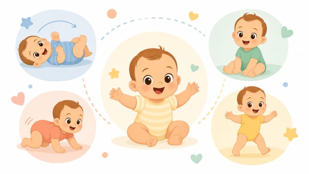marcos do desenvolvimento infantil, ilustração vetorial de bebê em diferentes fases de crescimento