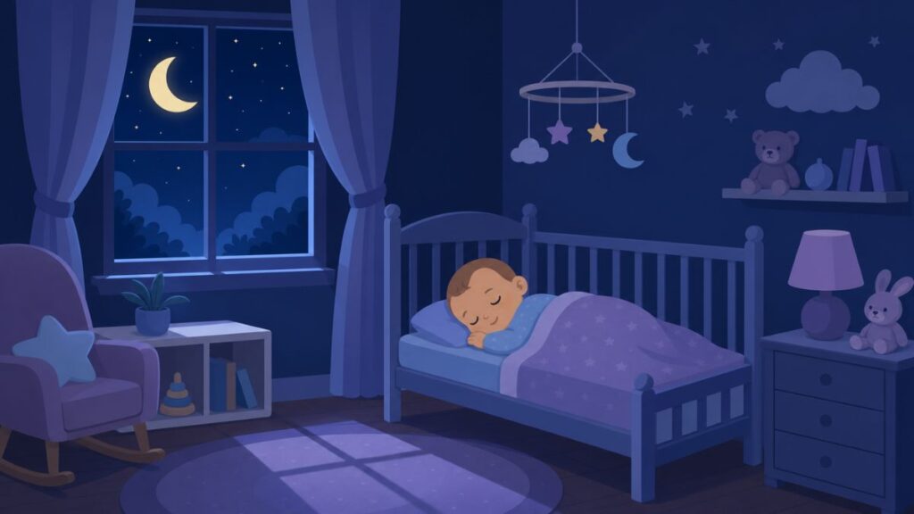 Bebê dormindo sereno no berço em quarto escuro com lua e estrelas — ilustração vetorial sobre a rotina de sono do bebê e da criança e como construir uma rotina que funciona.