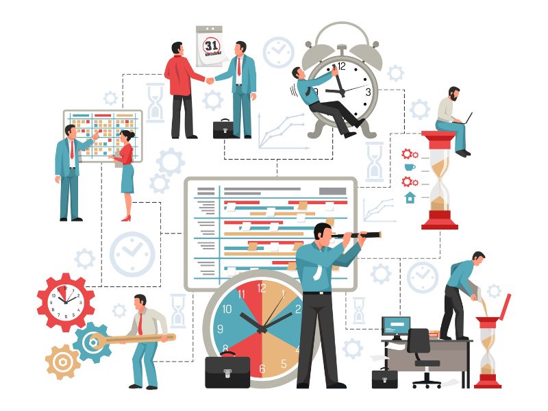 Pessoa ansiosa cercada por símbolos de tecnologia e relógios