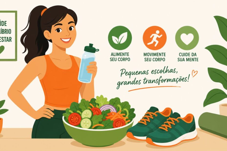 Ilustração vetorial de uma mulher sorridente segurando uma garrafa de água ao lado de uma tigela de salada, tênis de corrida e tapete de yoga, representando práticas saudáveis para perder peso.