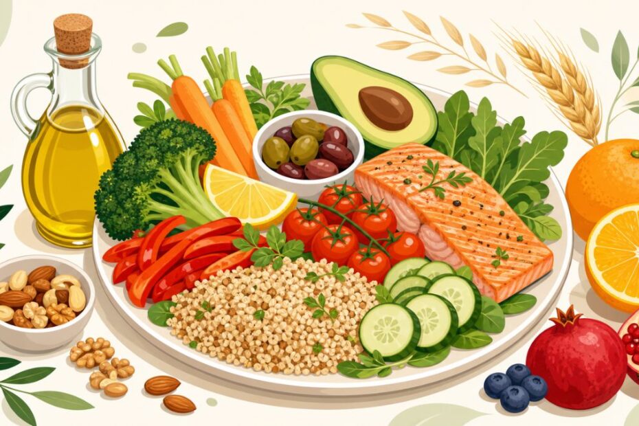 Alimentação saudável e qualidade de vida: prato colorido com vegetais, frutas, grãos integrais e peixe, representando o caminho que a ciência mais recomenda para ter energia e bem-estar.