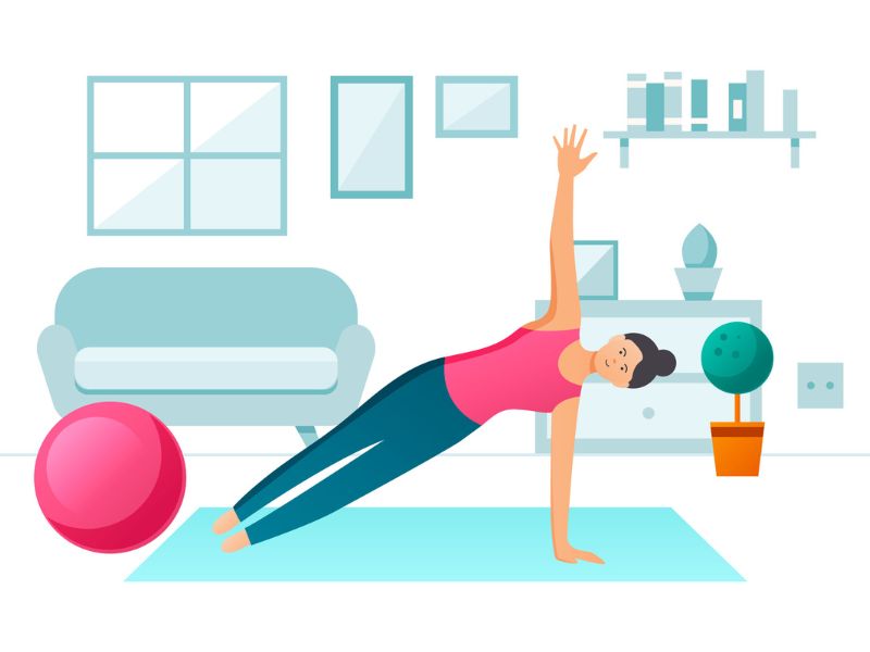 Mulher realizando um exercício de Pilates de prancha lateral, com foco na força do core e alinhamento da coluna Benefícios do Pilates na postura e força do core