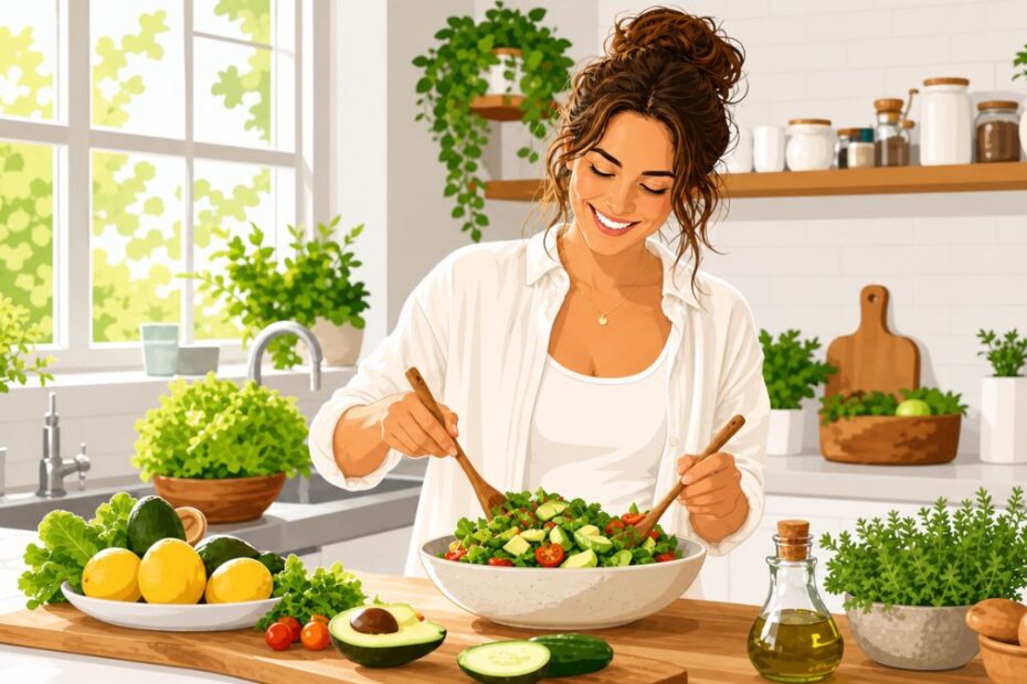 Ilustração vetorial de uma mulher sorridente preparando uma salada colorida em uma cozinha iluminada, representando o emagrecimento saudável e sem culpa.