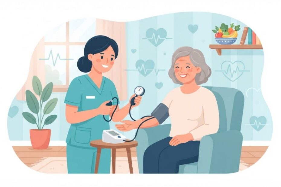 Hipertensão arterial: enfermeira medindo a pressão arterial de uma mulher sorridente em casa, ilustração vetorial em tons de verde-azulado e azul