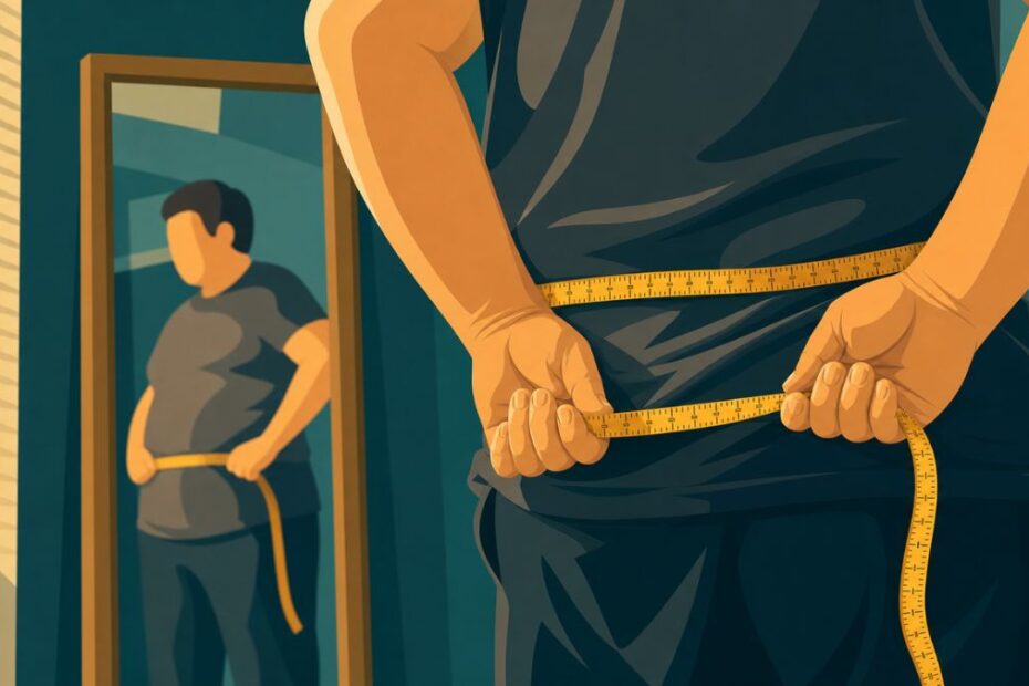 Obesidade: ilustração vetorial de mãos segurando uma fita métrica na cintura, com reflexo no espelho ao fundo, transmitindo reflexão e recomeço.