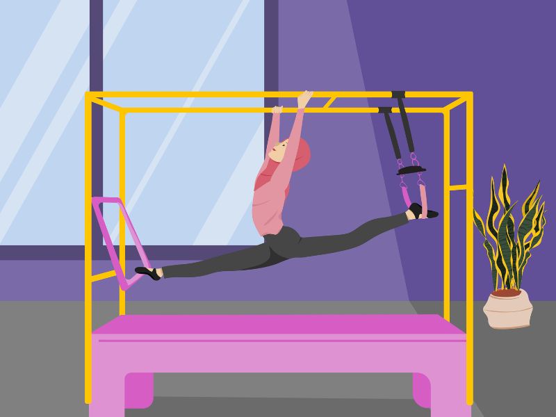 Pessoa executando um exercício de Pilates no Cadillac, com foco na ativação do core e alinhamento Exercício de Pilates no Cadillac demonstrando força e controle do core.