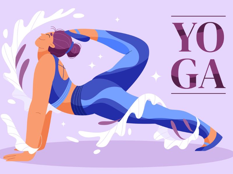 Ilustração de uma mulher em uma pose de Yoga complexa, demonstrando grande flexibilidade e serenidade Praticante de Yoga exibindo alta flexibilidade e equilíbrio