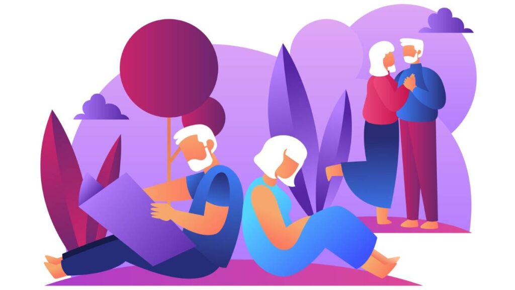 Ilustração vibrante de dois casais de idosos com dinâmicas de relacionamento contrastantes: um casal sentado distante e outro de mãos dadas, simbolizando conexão e afeto na terceira idade. Fundo estilizado com plantas.
