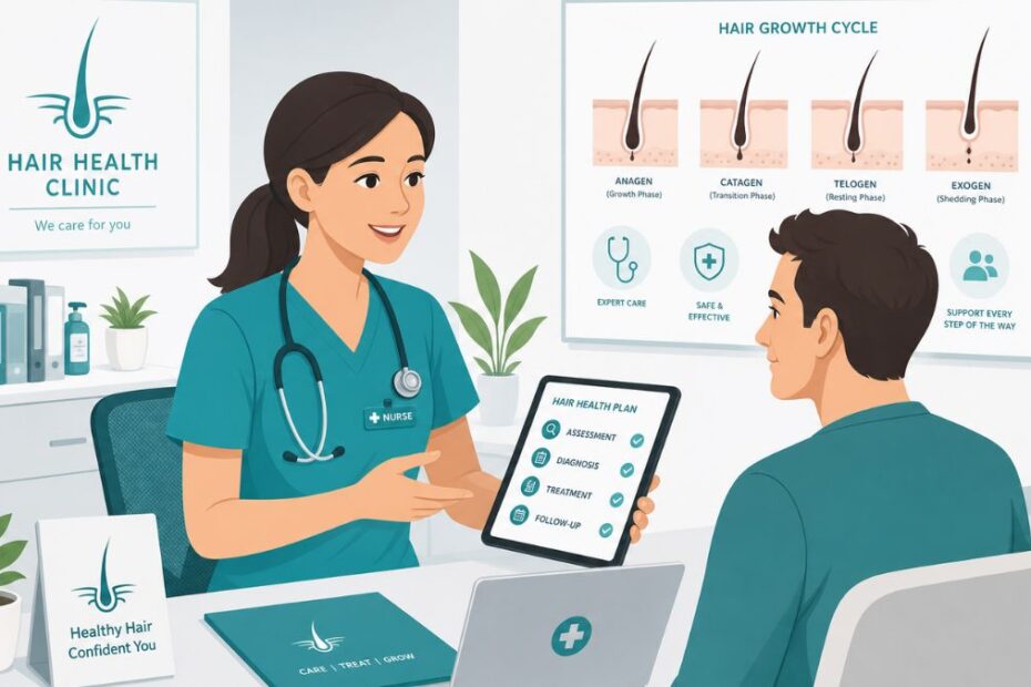 Ilustração vetorial de uma enfermeira em ambiente clínico moderno, com estetoscópio e infográfico sobre o ciclo de crescimento do cabelo ao fundo, representando o cuidado profissional com a saúde capilar.