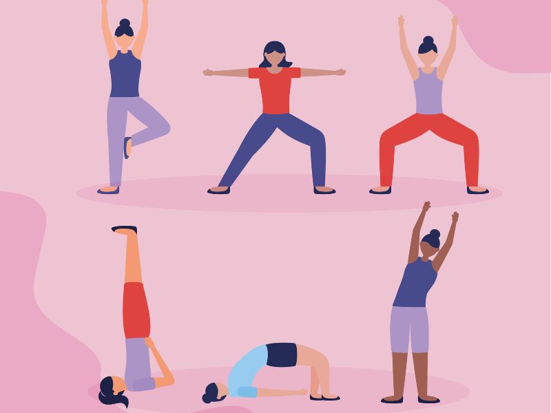 Ilustração com imagens representando cada um dos seis princípios do Pilates. Ilustração com os seis princípios do Pilates