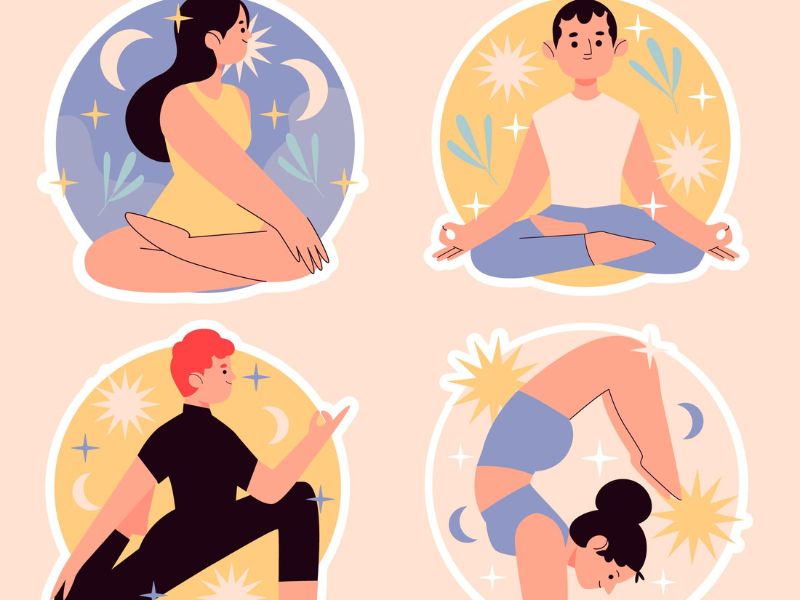 Ilustração criativa que mescla elementos visuais do Yoga e do Pilates simbolizando a união e harmonia Sinergia visual entre Yoga e Pilates, mostrando uma combinação harmoniosa