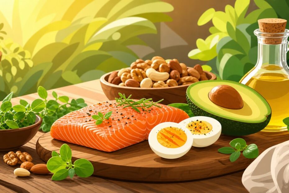 lustração em vetor de alimentos ricos em vitamina D como salmão, ovo e abacate sobre uma mesa de madeira iluminada pelo sol.