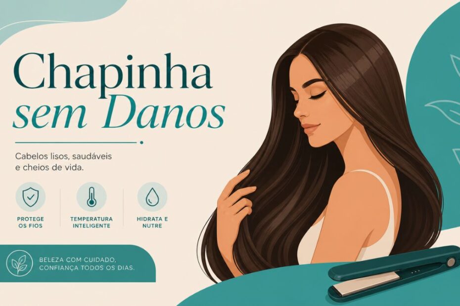 Ilustração vetorial moderna, apresentando uma mulher com cabelos saudáveis, longos para guia de chapinha sem danos. Design em estilo 'flat' com paleta de cores profissional em tons de azul-turquesa e bege, transmitindo elegância e cuidado clínico.