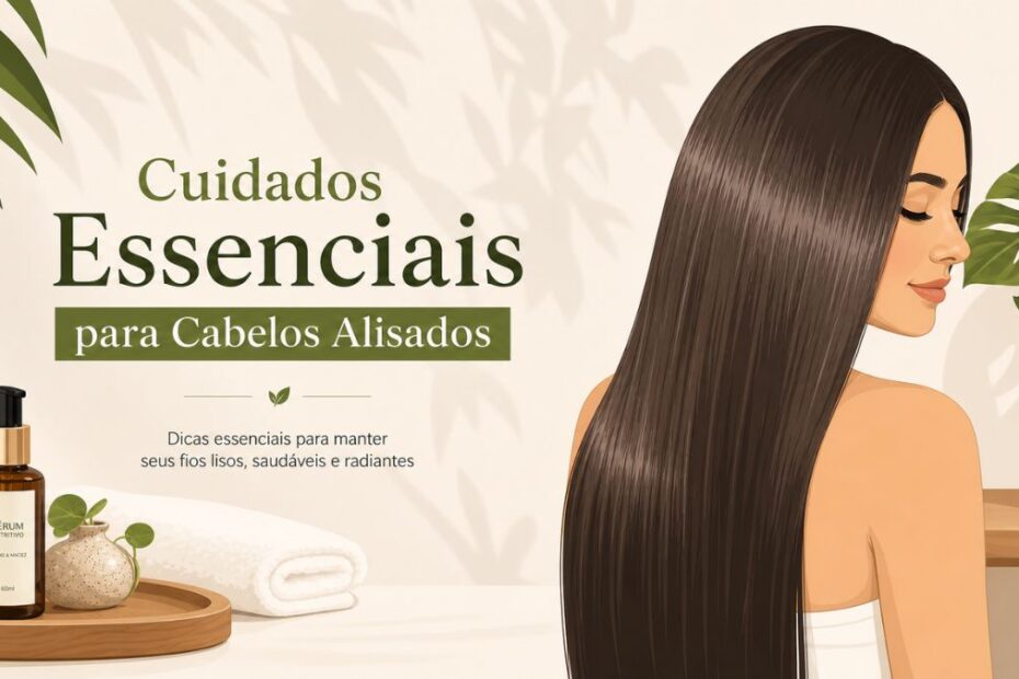 Ilustração vetorial de uma mulher com cabelos alisados, longos e brilhantes em um ambiente sereno com elementos botânicos.