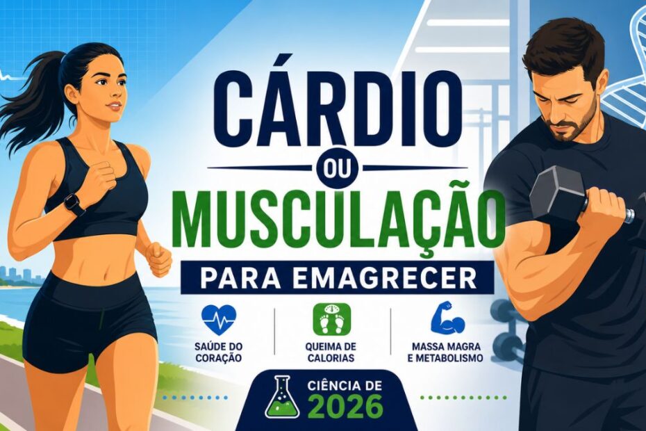 Ilustração vetorial dividida ao meio mostrando uma mulher correndo ao ar livre e um homem levantando pesos na academia. No centro, o texto 'Cárdio ou Musculação para Emagrecer' com selo 'Ciência de 2026'.