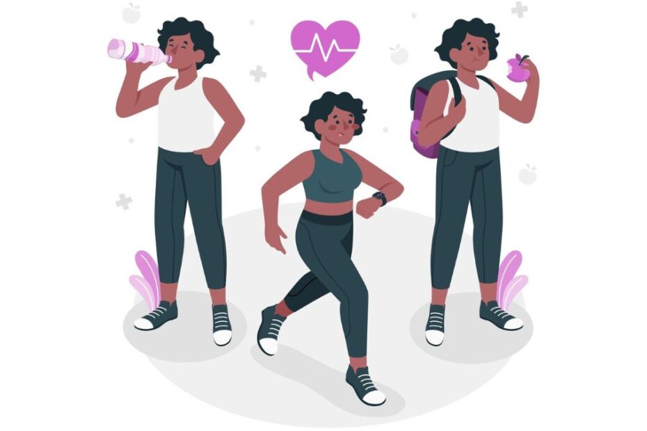 Como emagrecer rápido com saúde — ilustração com três versões da mesma mulher negra correndo, bebendo água e comendo uma maçã, representando exercício, hidratação e alimentação saudável