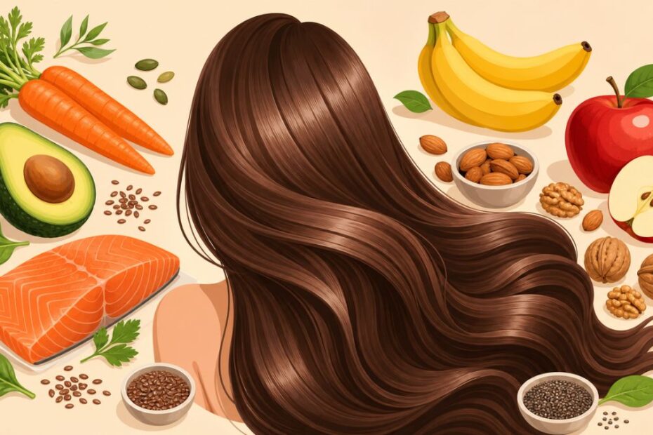 Ilustração vetorial de nutrição capilar com cabelos saudáveis e brilhantes ao centro e alimentos nutritivos ao fundo, como cenoura, abacate, salmão, banana, maçã, castanhas e sementes.