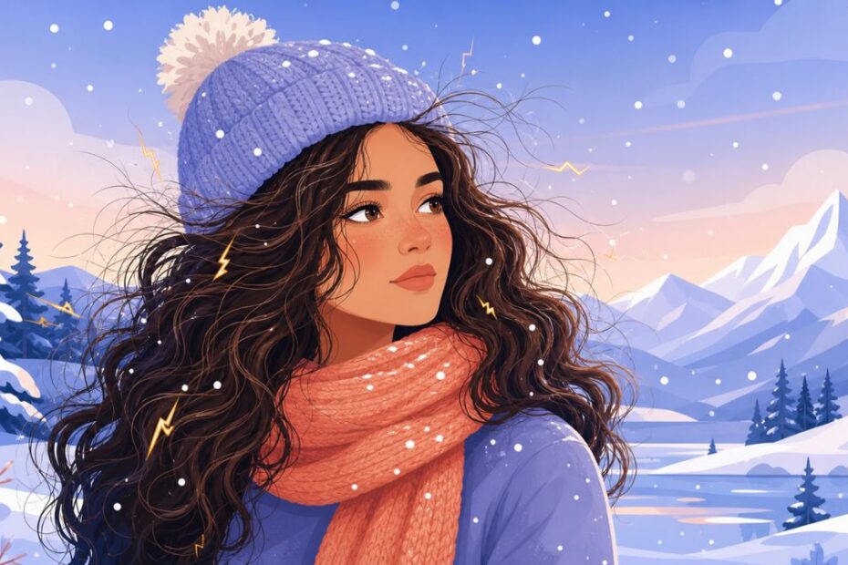 Cuidados com o cabelo no inverno: ilustração vetorial de mulher de gorro e cachecol em paisagem nevada, com fios ao vento e flocos de neve