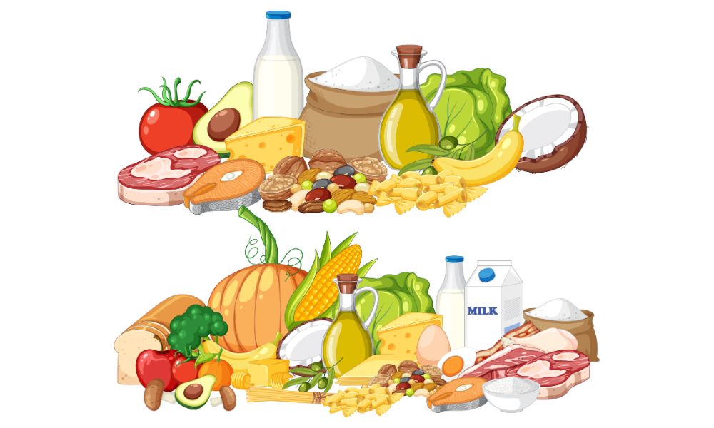 Prato colorido com alimentos saudáveis, representando uma refeição nutritiva para afastar o cansaço.