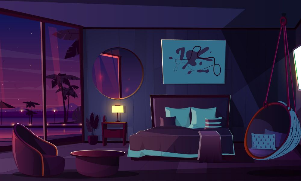 Quarto organizado e aconchegante com ambiente propício ao sono: cama arrumada, ambiente escuro e elementos relaxantes.