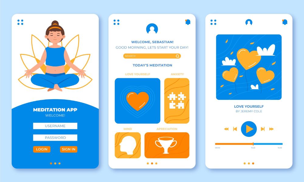 Mockup de aplicativo mobile de meditação mindfulness e bem-estar Mockup de aplicativo de meditação com três telas de celular: login com mulher meditando, dashboard com categorias de bem-estar e player de meditação guiada. Design flat azul e laranja.